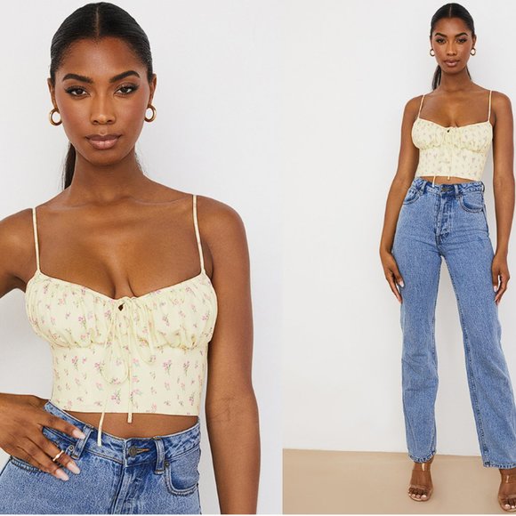 HOUSE OF CB 'Lilibeth' Lemon Ditsy Floral Gathered Bustier Top NWOT - Picture 4 of 10